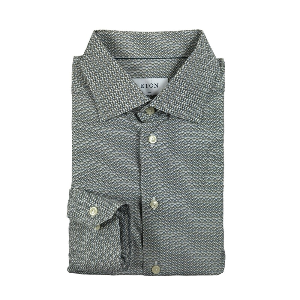 ETON Slim Fit Brown Blue Bulldog Print Mens Cotton Button Front Shirt 16/41